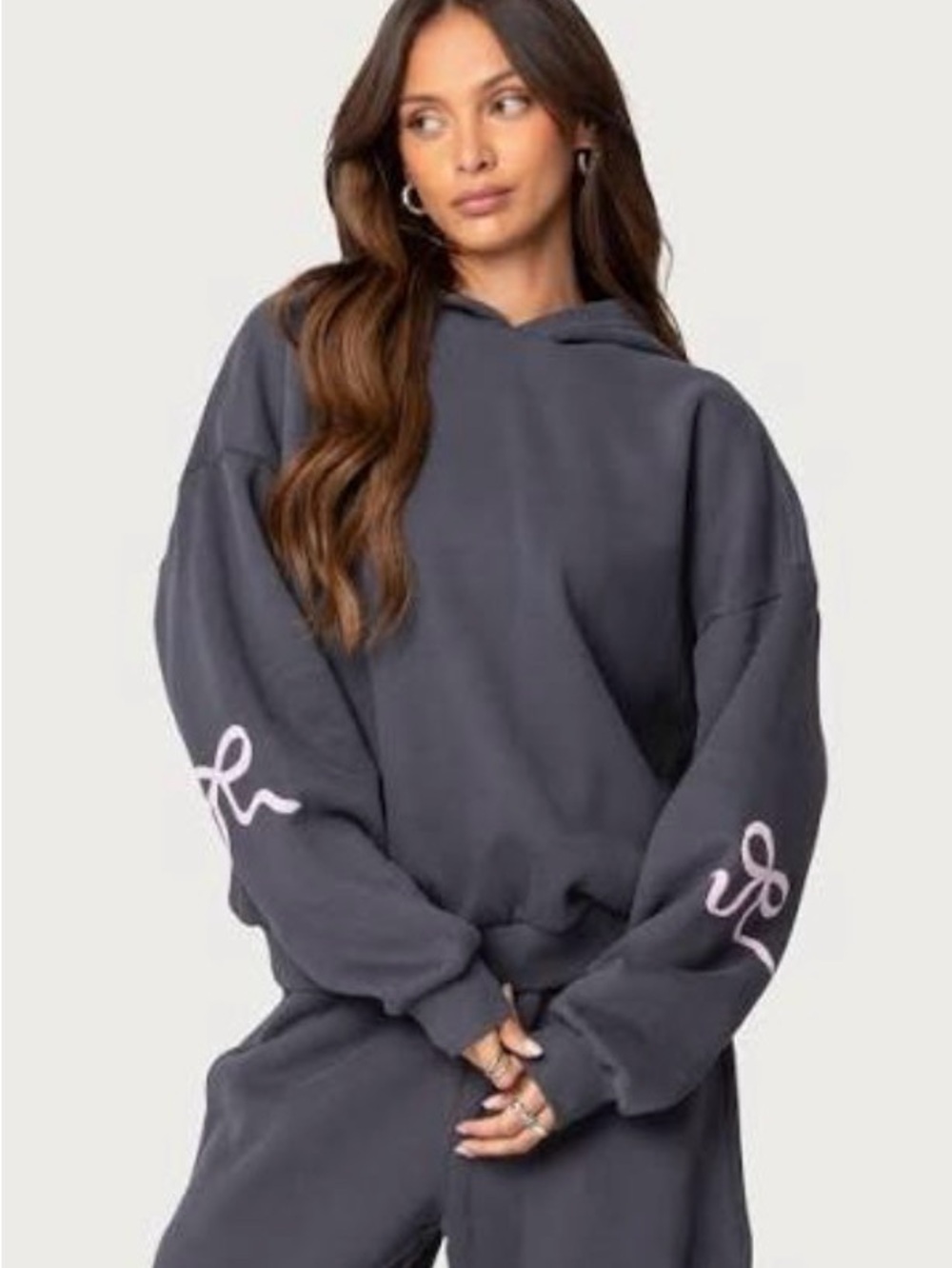 Edikted Charcoal Hoodie with Pink Sleeve Bows
